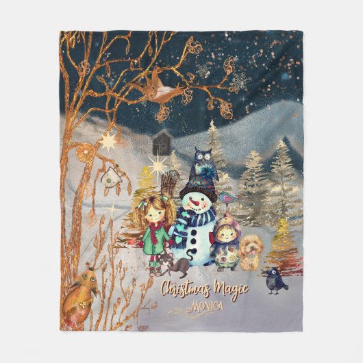 Kerst Magic Snowman & Friends blauw Fleece Deken (Voorkant)