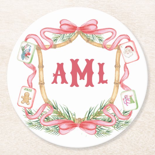 Kerst Mahjong | Monogram Ronde Kartonnen Onderzetter (Voorkant)
