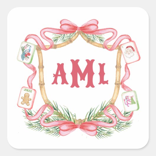 Kerst Mahjong | Monogram Vierkante Sticker (Voorkant)