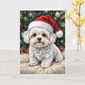 Kerst Maltese hond op een bontkussen Kaart (Gele Bloem)