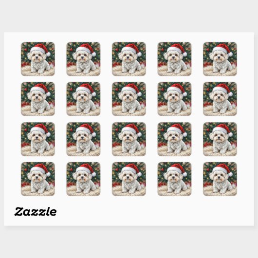 Kerst Maltese hond op een bontkussen Vierkante Sticker (Vel)