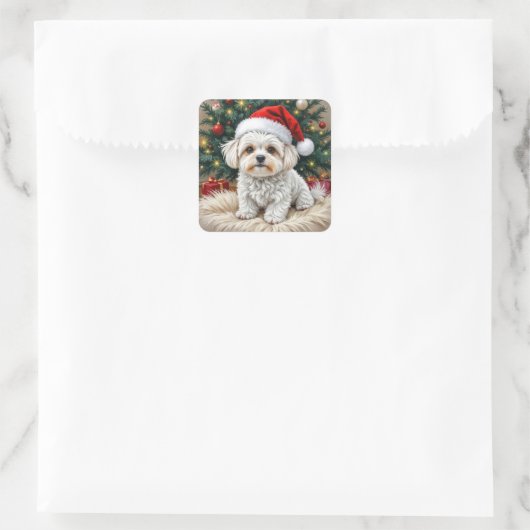 Kerst Maltese hond op een bontkussen Vierkante Sticker (Tas)