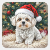 Kerst Maltese hond op een bontkussen Vierkante Sticker (Voorkant)