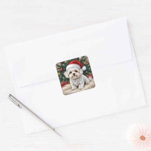 Kerst Maltese hond op een bontkussen Vierkante Sticker (Envelop)