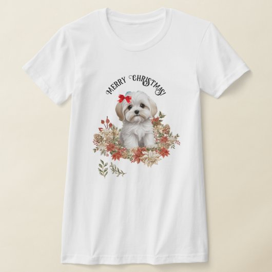 Kerst Maltese Puppy Hond Sinteren met Bloemen T-shirt (Laagn)