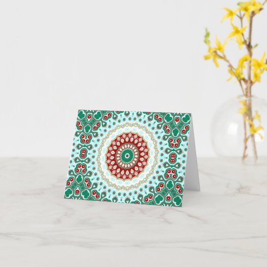 Kerst Mandala in rood, groen en Frosted Blue Kaart (Gele Bloem)