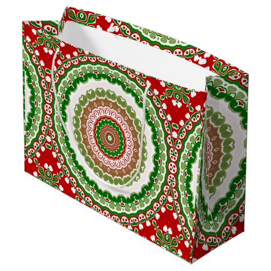 Kerst Mandala in rood, groen en warm goud Groot Cadeauzakje (Achterkant Gekanteld)