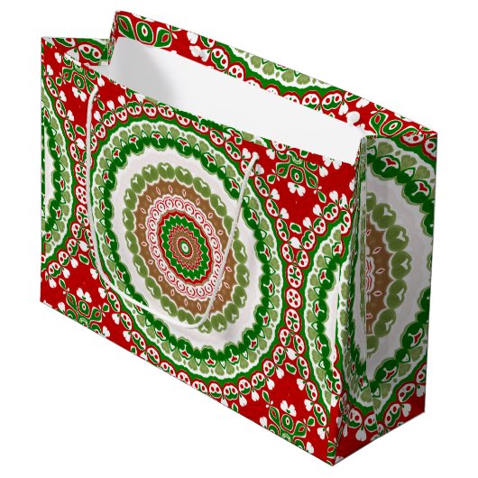 Kerst Mandala in rood, groen en warm goud Groot Cadeauzakje (Voorkant Gekanteld)