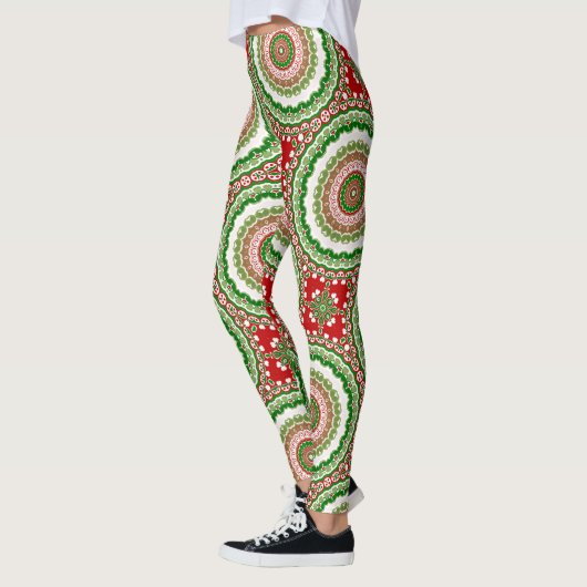 Kerst Mandala in rood, groen en warm goud Leggings (Links)