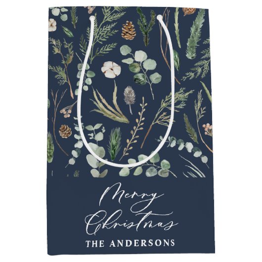 Kerst marine modern minimal elegante botanische medium cadeauzakje (Voorkant)