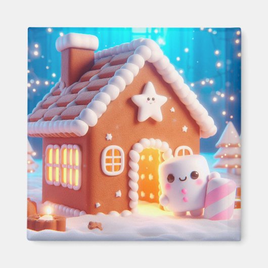 Kerst Marshmallow Gingerbread House Magnet (Voorkant)