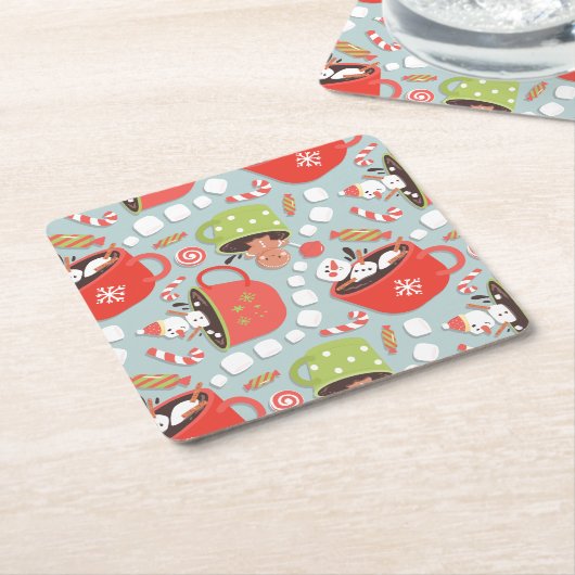 Kerst Marshmallow Snowman Hot Cocoa Kartonnen Onderzetters (Schuin)