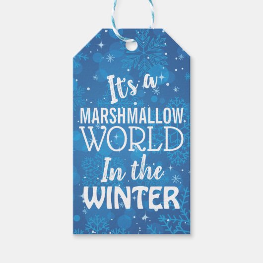 Kerst Marshmallow Wereld Blauwe Cadeautags Cadeaulabel (Voorkant)