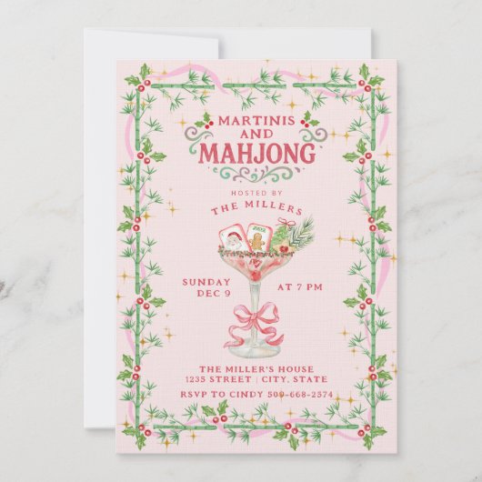 Kerst Martinis en Mahjong Feest Kaart (Voorkant)