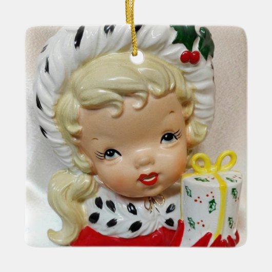 Kerst Meisje Kind Hoofd Vaas Cadeau Holly Schattig Keramisch Ornament (Voorkant)
