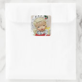 Kerst Meisje Kind Hoofd Vaas Cadeau Holly Schattig Vierkante Sticker (Tas)