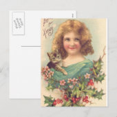 Kerst Meisje Met Kat Feestdagenkaart (Voorkant / Achterkant)