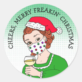 Kerst, Merry Freaking Kerstrecro Lady Wine Ronde Sticker