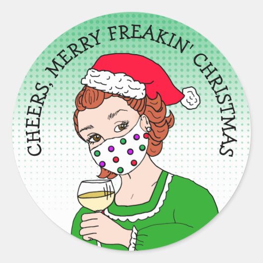 Kerst, Merry Freaking Kerstrecro Lady Wine Ronde Sticker (Voorkant)