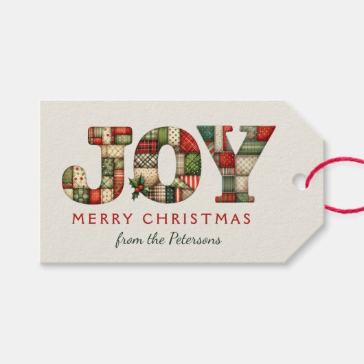 Kerst met bewerkbare vreugde | Patchwork Cadeaulabel (Voorkant (Horizontaal))