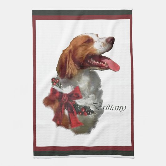 Kerst met Brittany Spaniel Theedoek (Verticaal)