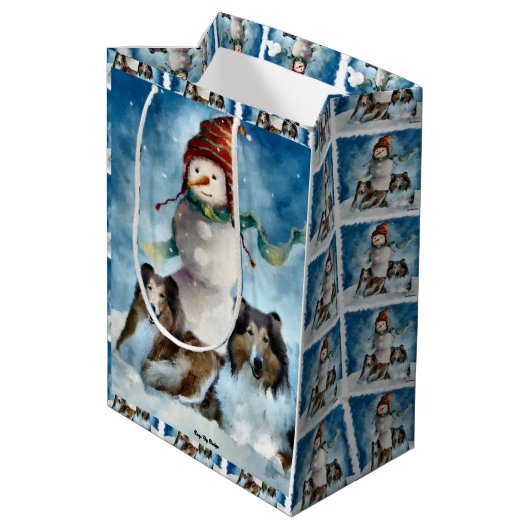 Kerst met Collies en Sneeuwman Medium Cadeauzakje (Achterkant Gekanteld)