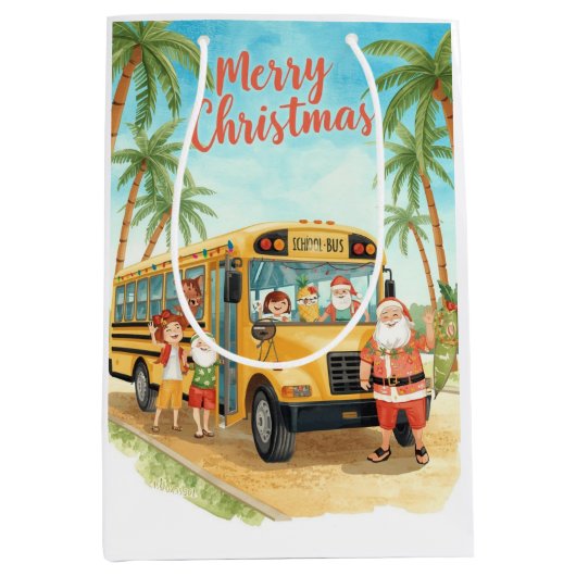 Kerst met de Kerstman in de schoolbus Medium Cadeauzakje (Voorkant)