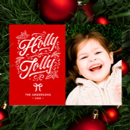 Kerst met familienaam en foto Holly Jolly Feestdagenkaart