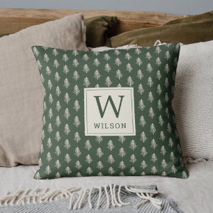 Kerst met familienaam monogram en rustieke dennenb kussen
