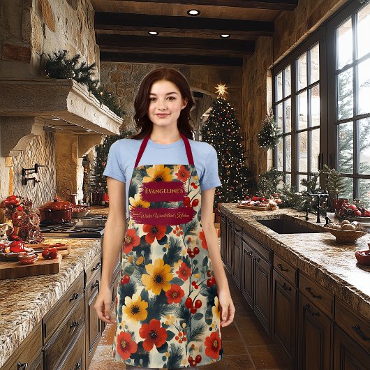 Kerst met feestelijke bloemen en dennentakken schort