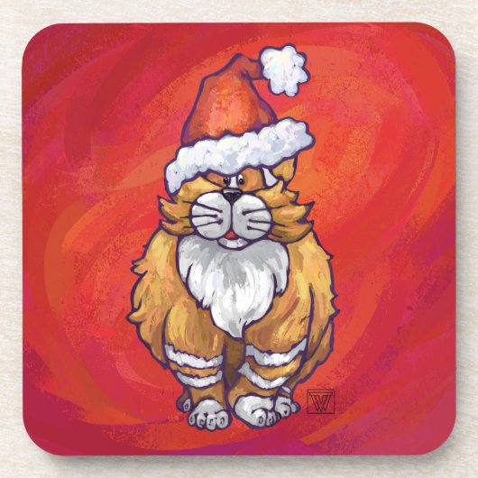 Kerst met gemberkat op rood onderzetter (Voorkant)