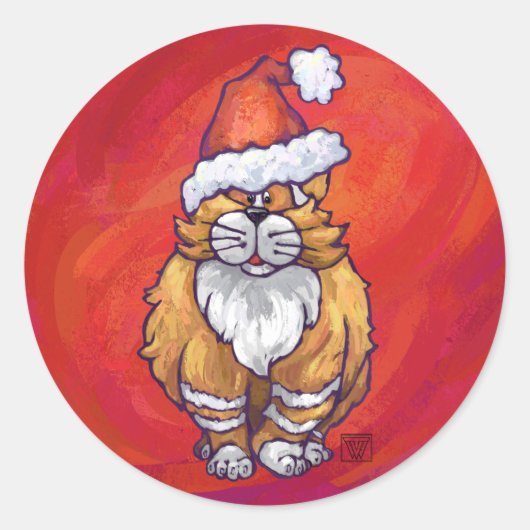 Kerst met gemberkat op rood ronde sticker (Voorkant)