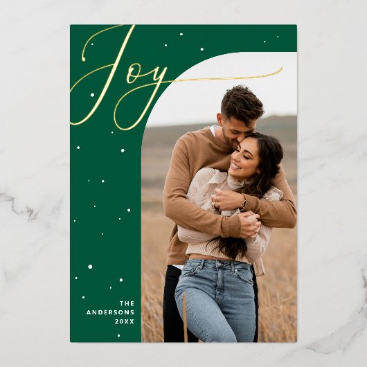 Kerst met goud & groene vreugde | moderne familief folie feestdagenkaart (Voorkant)