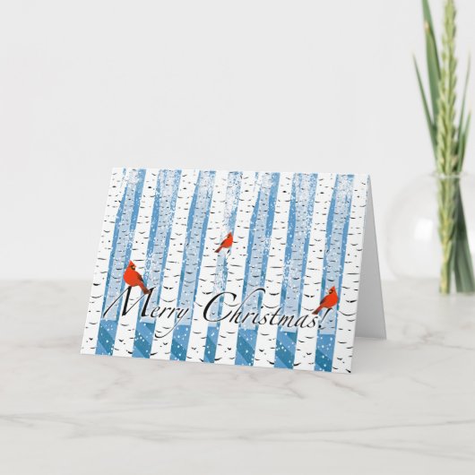 Kerst met kardinalen in berkenbos en sneeuw feestdagen kaart (Voorkant)