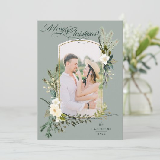 Kerst met kerstmis met kerstmis met gouden foto feestdagenkaart (Staand voorkant)
