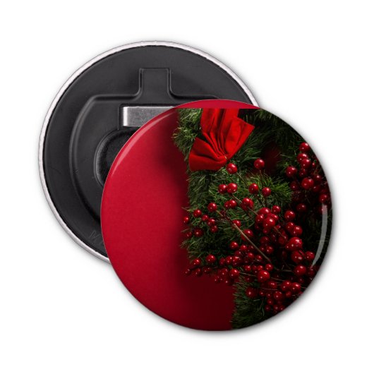 kerst met rode bessen button flesopener (Voorkant)