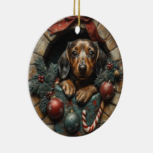 Kerst met Teckel Keramisch Ornament (Rechts)