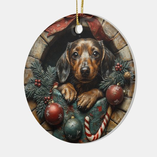 Kerst met Teckel Keramisch Ornament (Links)