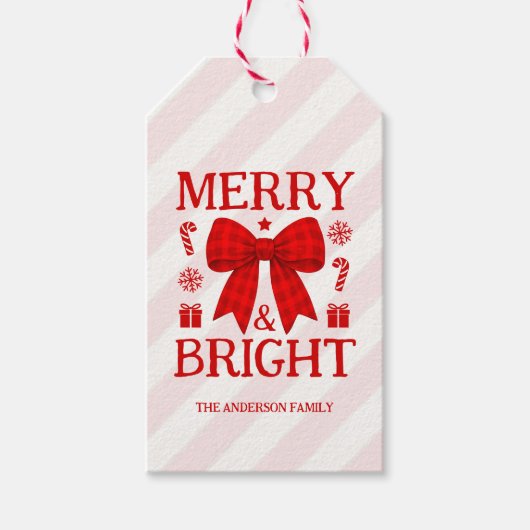 Kerst met vrolijke en heldere rode geruite strik cadeaulabel (Voorkant)