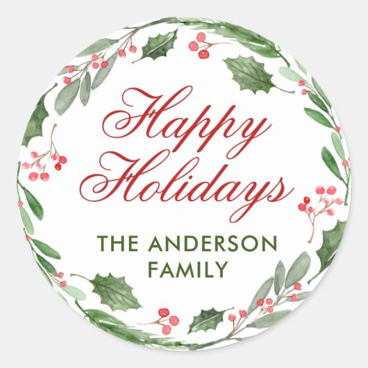 Kerst met waterverf van hulstbessen ronde sticker (Voorkant)