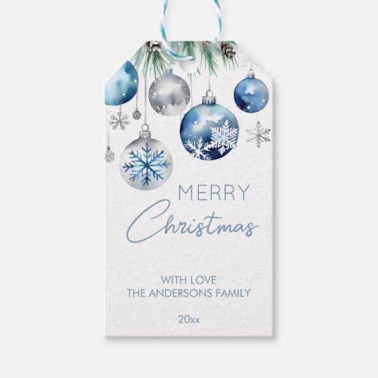 Kerst metallic zilveren blauwe balletjes cadeaulabel (Voorkant)