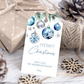 Kerst metallic zilveren blauwe balletjes cadeaulabel