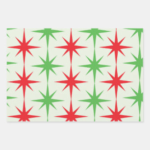 Kerst Mid Century Rood Groen Atomaire Steruitbarst Inpakpapier Vel