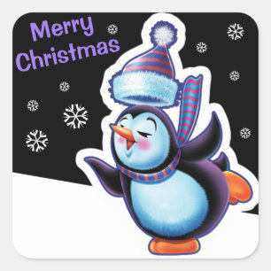 Kerst middernacht plein sticker Penguin schaatsen.