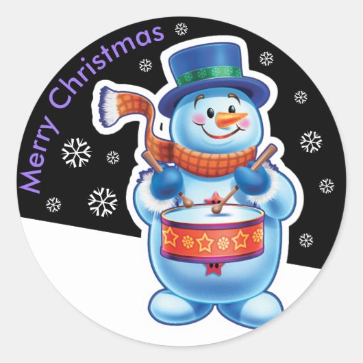 Kerst middernacht rond sticker Snowman drummer. (Voorkant)