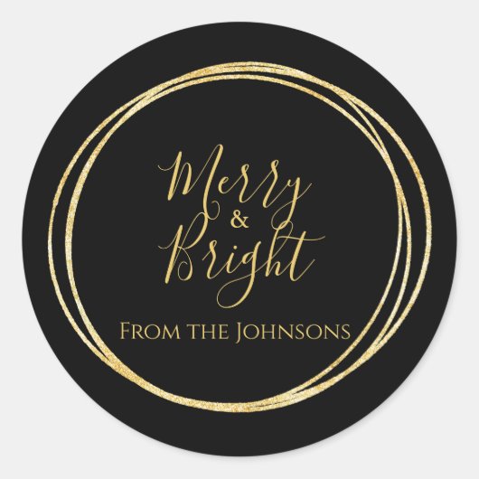 Kerst Mis en Helder Familienaam Zwart Goud Ronde Sticker (Voorkant)
