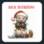 Kerst Mischief Ferret in Christmas Lights Vierkante Sticker<br><div class="desc">tekst maakt het gemakkelijk om uw bericht toe te voegen. Dit is een heel schattig ontwerp van een fret die ondeugend is en verstrikt raakte in de kerstverlichting! Wat een schurk!</div>