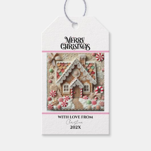 Kerst Modern Gingerbread House Roze Cadeaulabel (Voorkant)