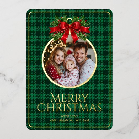 Kerst Modern Tartan Green Plaids Familiefoto Folie Feestdagenkaart (Voorkant)