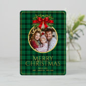 Kerst Modern Tartan Green Plaids Familiefoto Folie Feestdagenkaart (Staand Voorkant)